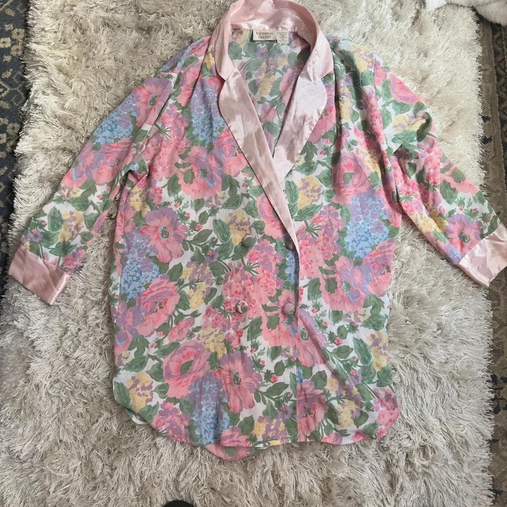 Vintage 90s Victoria's Secret floral sheer robe duster oversized satin fairy S